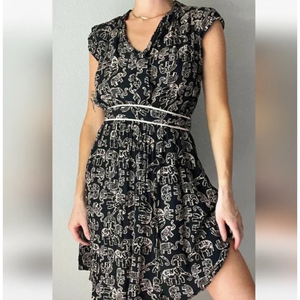 Maeve Anthropologie Dress Black Beige‎ Elephant Print Sleeveless Tie Waist Boho